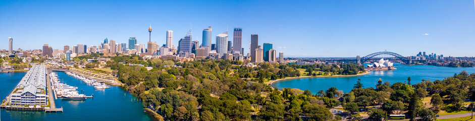Panoramic aerial view of the Sydney city from above during clear blue sky. 