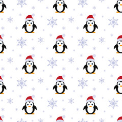 Penguin in Santa hats. Snowfall. Seamless pattern. Vector. Flat.