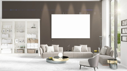 Fashionable modern loft interior with empty frame and copyspace in horizontal arrangement. 3D rendering.