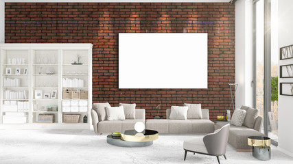 Fashionable modern loft interior with empty frame and copyspace in horizontal arrangement. 3D rendering.