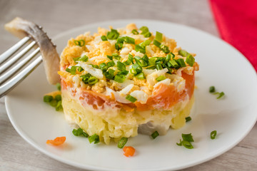 Szuba - herring under the coat -  traditional multilayered polish salad from herring, potatoes, carrots and eggs decorated with chives.