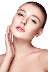 Fototapeta na wymiar Beautiful woman portrait with fresh clear nude make up, healthy skin, skin care.