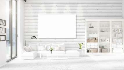 Naklejka na ściany i meble Fashionable modern loft interior with empty frame and copyspace in horizontal arrangement. 3D rendering.