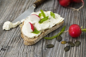 cream cheese for bread, high quality healthy breakfast on the old rustic table