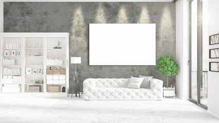 Fototapeta na wymiar Fashionable modern loft interior with empty frame and copyspace in horizontal arrangement. 3D rendering.