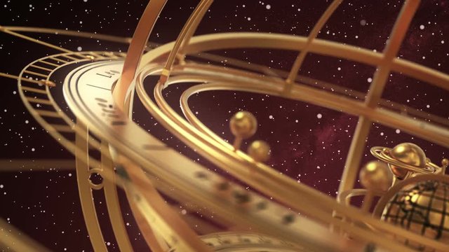 Armillary Sphere On Red Background Of Starburst. 3D Animation. Seamless Looped.
