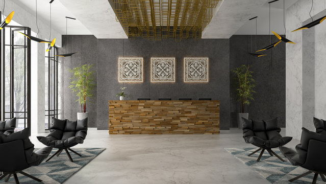Interior of a hotel spa reception 3D illustration
