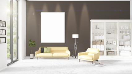 Fashionable modern loft interior with empty frame and copyspace in horizontal arrangement. 3D rendering.