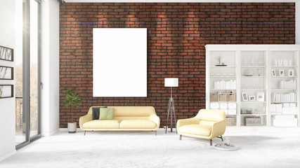 Fashionable modern loft interior with empty frame and copyspace in horizontal arrangement. 3D rendering.