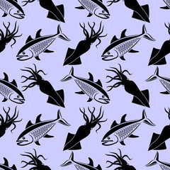 Seafood vector seamless pattern with fish and squid, 