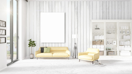 Fashionable modern loft interior with empty frame and copyspace in horizontal arrangement. 3D rendering.