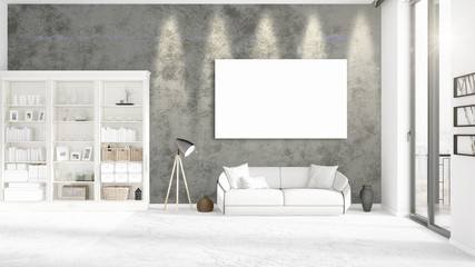 Fashionable modern loft interior with empty frame and copyspace in horizontal arrangement. 3D rendering.