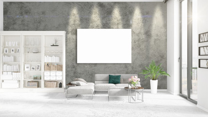Fashionable modern loft interior with empty frame and copyspace in horizontal arrangement. 3D rendering.