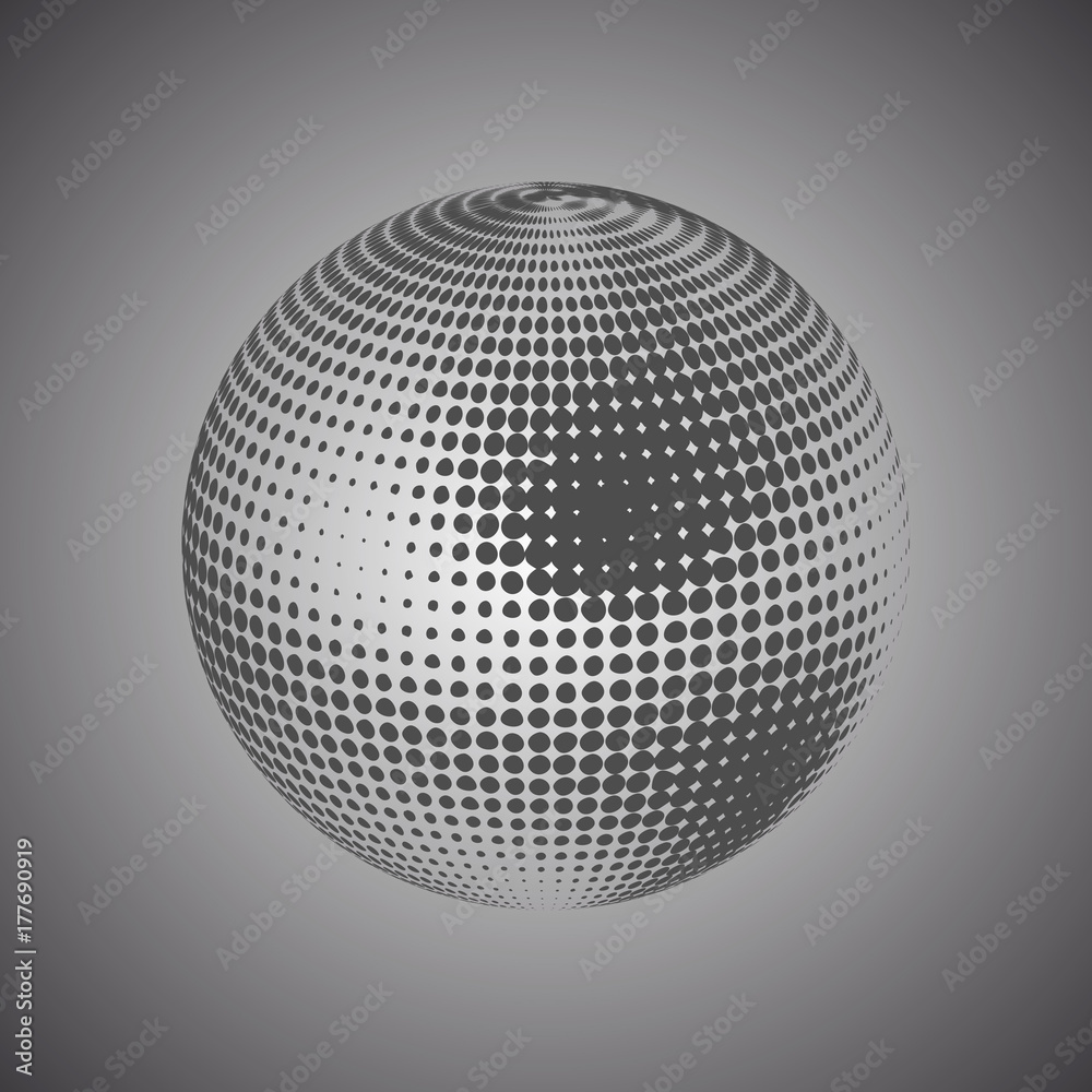 Sticker abstract globe dotted sphere, 3d halftone effect vector background. black and white vector illustrat