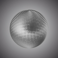 Abstract globe dotted sphere, 3d halftone effect vector background. Black and white vector illustration.