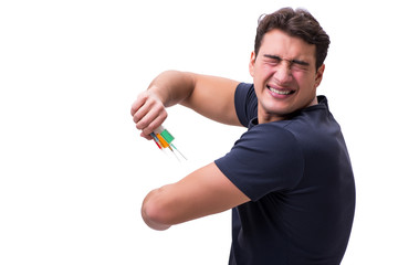 Young man in doping concept isolated on white