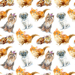 Seamless pattern of a pug dog,Yorkshire Terrier and ginger kitten.Greeting card of a dog and cat.Domestic pet.Watercolor hand drawn illustration.White background.