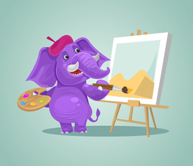 Happy smiling elephant character artist drawing. Vector flat cartoon illustration