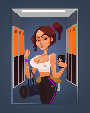 Happy smiling sport woman character taking selfie in gym. Vector flat cartoon illustration