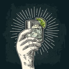 Male hand holding a glass with gin. Vintage vector engraving - obrazy, fototapety, plakaty