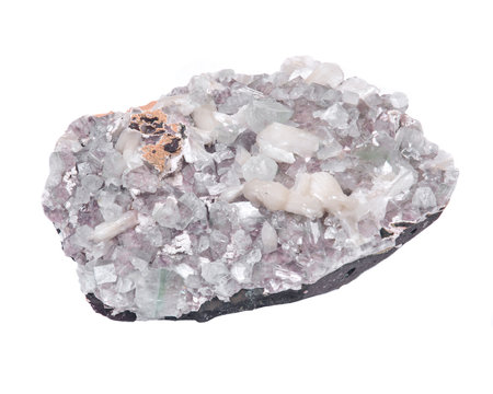 Apophyllite crystals with stilbite clusters on matrix, isolated on white background