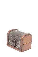 Antique rustic brown wooden coffin isolated above white background