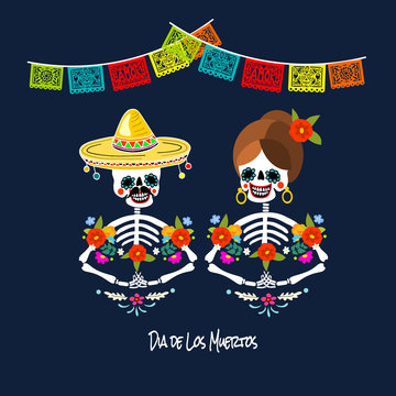 Mexican Dia de los Muertos (Day of the Dead) skeleton couple, greeting card, vector illustration.