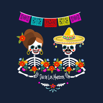 Mexican Dia de los Muertos (Day of the Dead) skeleton couple, greeting card, vector illustration.