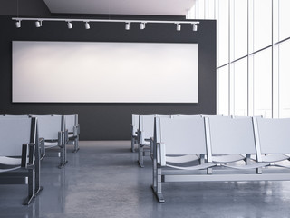 Waiting room with white armchairs and banner on the wall. 3d rendering