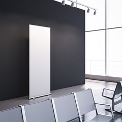 Waiting room with empty vertical banner. 3d rendering