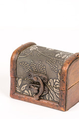 Antique rustic brown wooden coffin isolated above white background