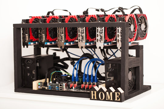Cryptocurrency background (mining rig), Close up of array of GPUs for mining rig machine to mine for digital cryptocurrency such as bitcoin, ethereum and other altcoins.