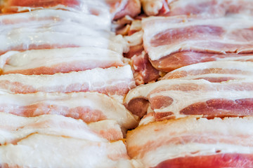Close up of Slide raw streaky pork
