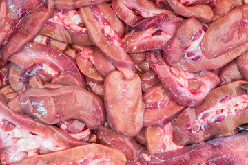 Close-up pieces of raw pork liver