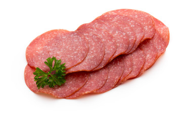 Salami slices isolated on white background.