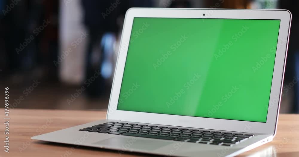 Wall mural mockup shoot notebook laptop blank green screen chromakey wooden table chroma key keyboard closeup i