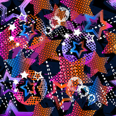 Abstract grunge star pattern children for girls and boys. Creative the background with dots, hearts, lines, stars.Funny wallpaper for textile and fabric. Fashion star style. Colorful bright.