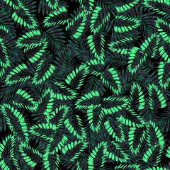Naklejka na ściany i meble Abstract seamless floral pattern. Creative vector background, hawaiian tropical floral wallpaper with branches ferns, tropical herb. Summer exotic print with jungle plant palm leaves. Trendy colors