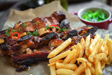 smoked beef ribs with fries