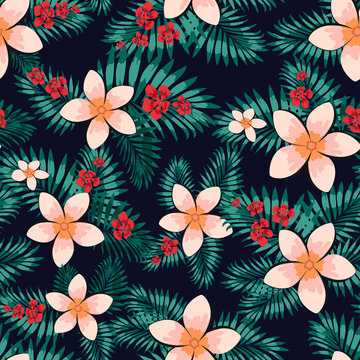 Abstract seamless floral pattern. Creative vector background, hawaiian tropical floral wallpaper with branches ferns, tropical herb. Summer exotic print with jungle plant palm leaves. Trendy colors © mamenkoaleks