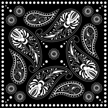 Black and white bandana print with paisley. Square pattern design for pillow, carpet, rug. Design for silk neck scarf, kerchief, hanky