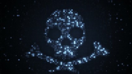Grey skull symbol of digital HEX code. Hacking and cyber piracy concept. Seamless loop animation 4k UHD (3840x2160)
