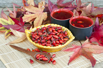 autumn background, cup of hot tea