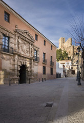 Fototapeta na wymiar Counts of Cirat palace (Town Hall) and castle, Almansa, Castilla la Mancha, Spain