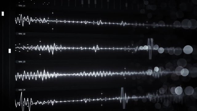 Digital audio waves on computer monitor. Computer designed seamless loop abstract technology animation. Rendered with DOF 4k UHD (3840x2160)
