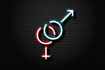 Vector realistic isolated male and female sex neon sign for decoration and covering on the wall background. Concept of sex shop and erotic show.