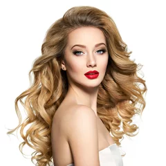 Wall murals Hairdressers Pretty woman with long  hair and red lips.