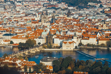 aerial view of old town in Prague, Czech republic, red tile roofs