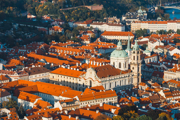 Naklejka na ściany i meble aerial view of mala strana district, Prague Czech republic, red tile roofs