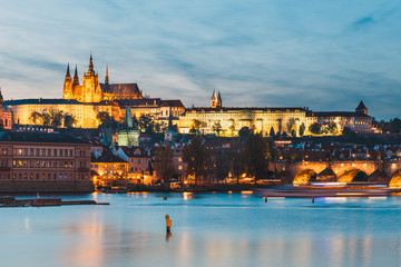 view of historical center of Prague durin beautiful sunset with castle, Hradcany, Czech Republic